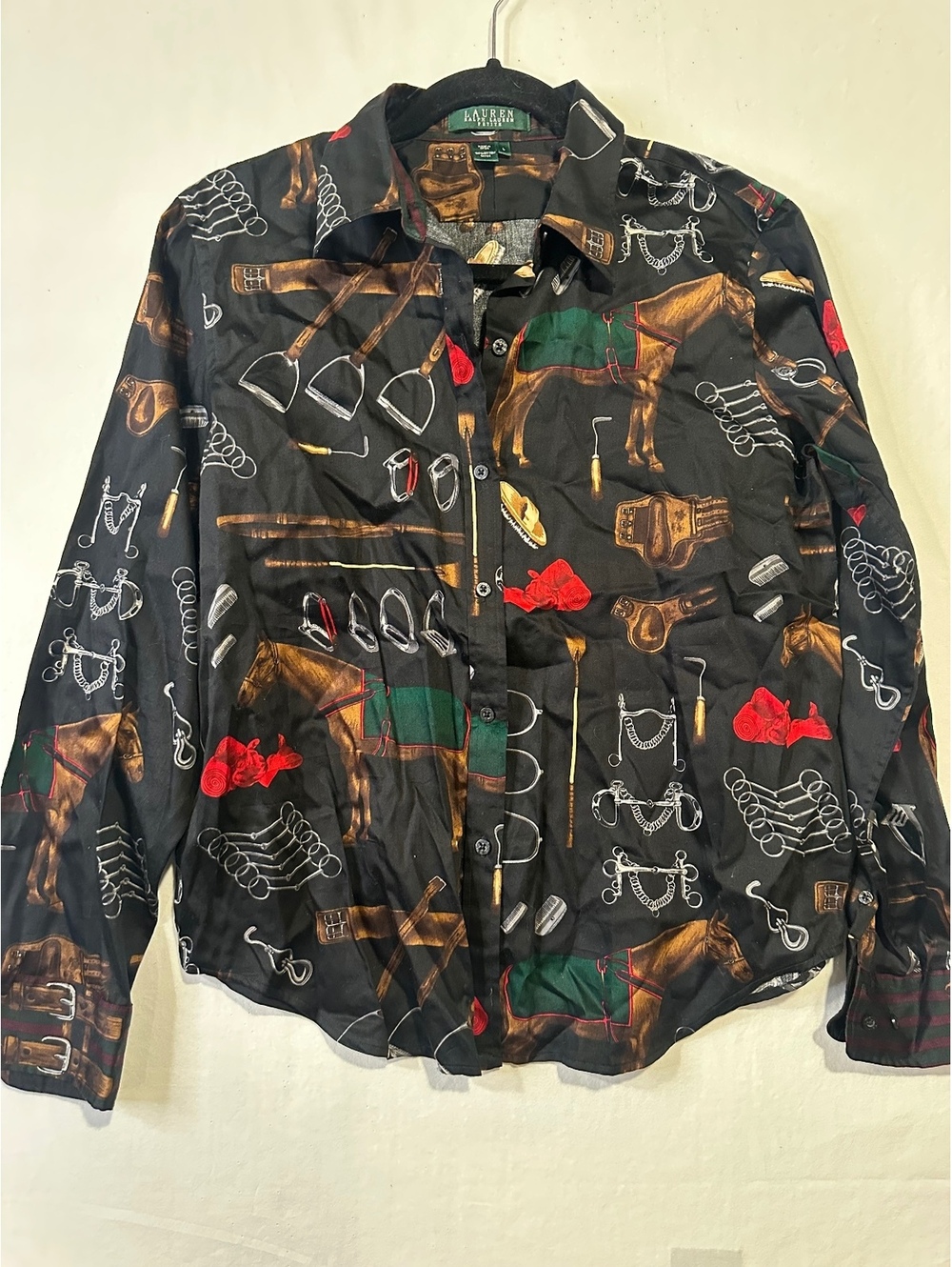 Lauren Ralph Lauren Petite Equestrian Horse Tack Print Shirt Women’s L Cotton